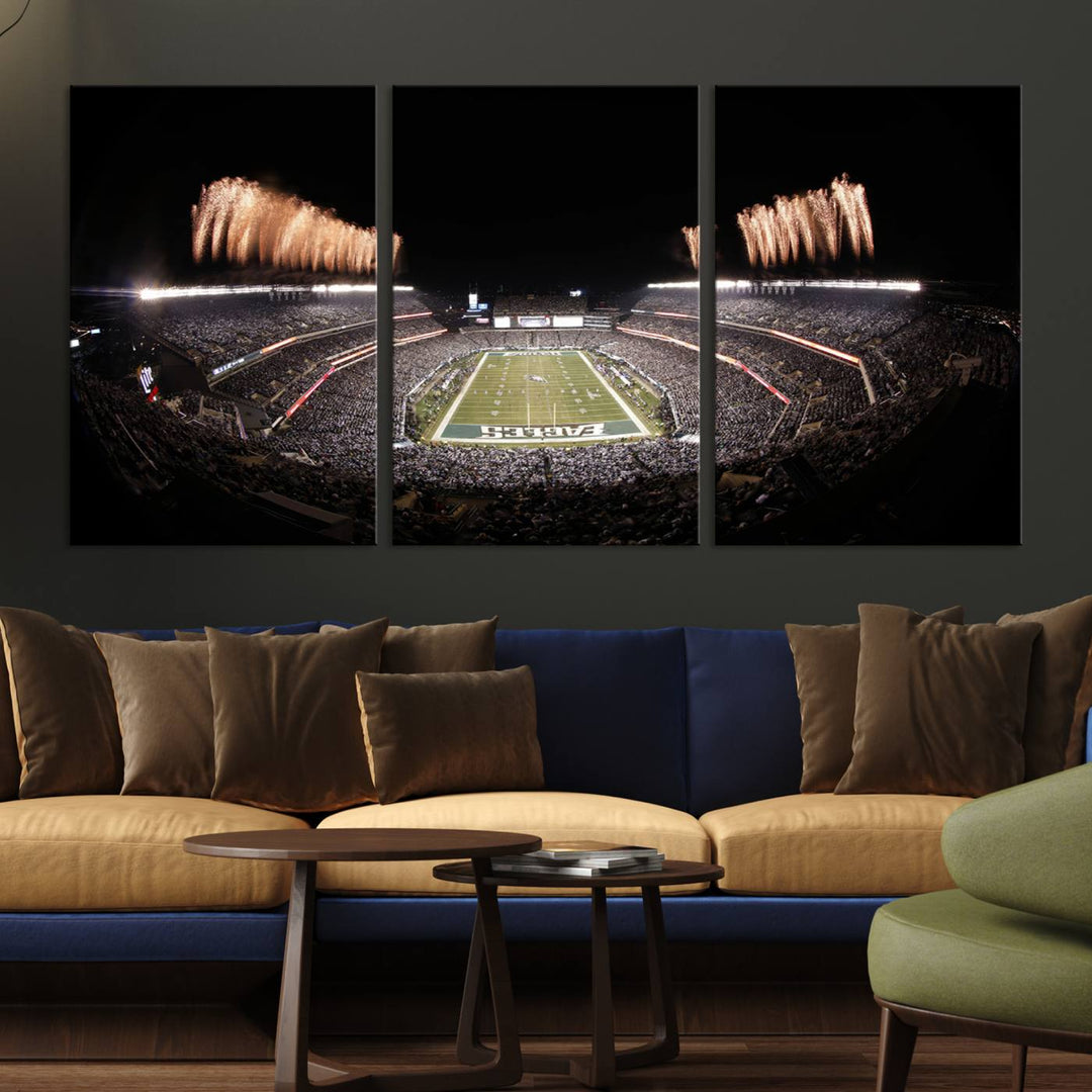 Experience the breathtaking Lincoln Financial Field Fireworks Game captured in this triple canvas wall art. A must-have for any Philadelphia Eagles fan!