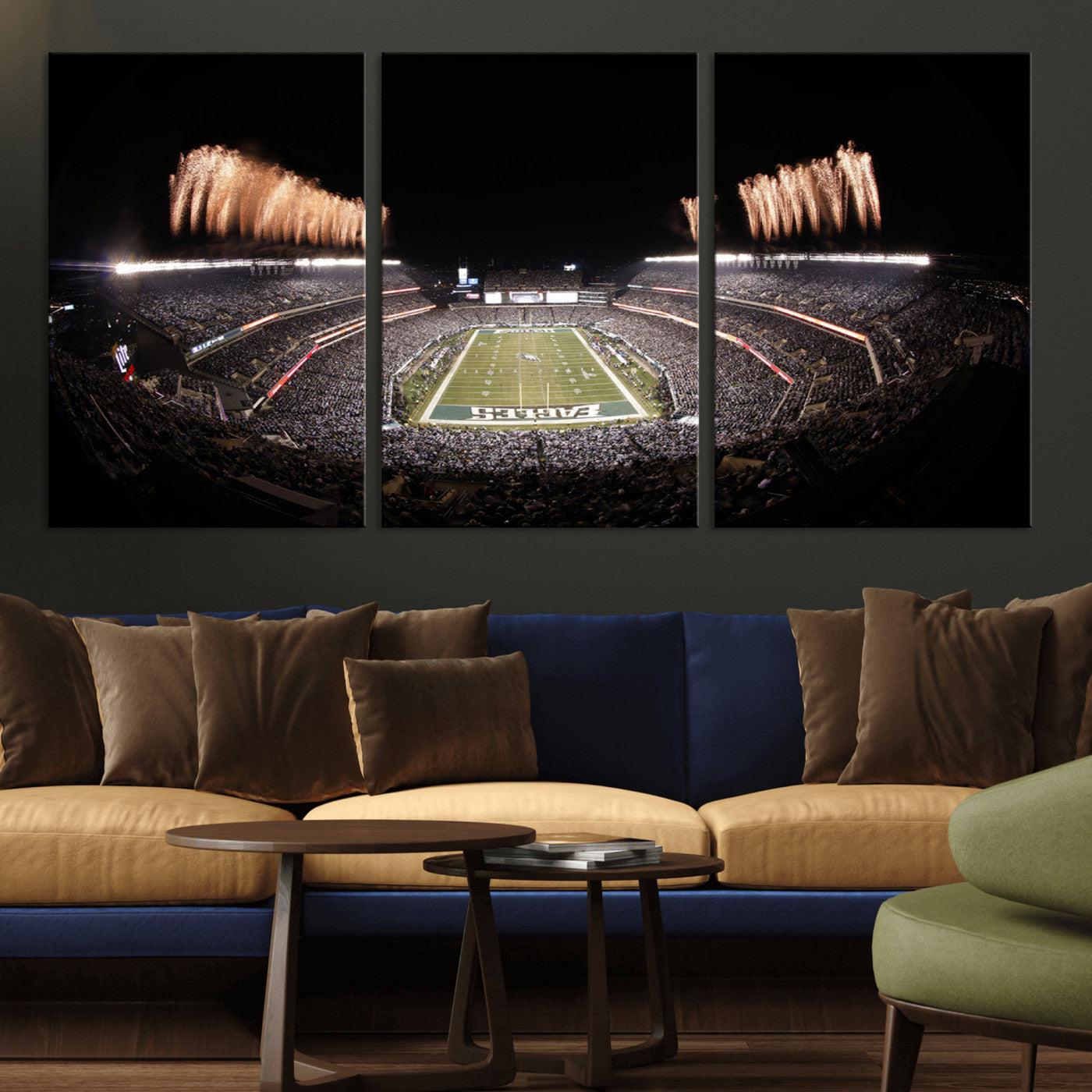 48893-MGV-CV-36X24-Eagles Field Stadium Wall Art - Lincoln Financial Field Fireworks Game Triple Canvas Wall Art -