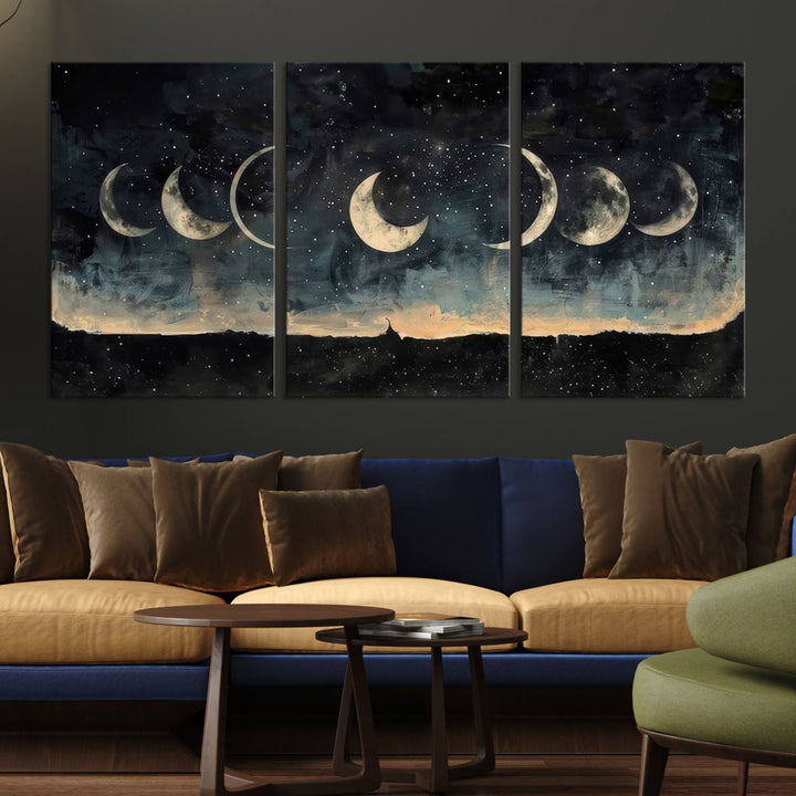 The "Phases of the Moon Wall Art," a framed canvas series capturing the celestial beauty of lunar cycles against a starry night, adds an elegant touch to the contemporary dining room.