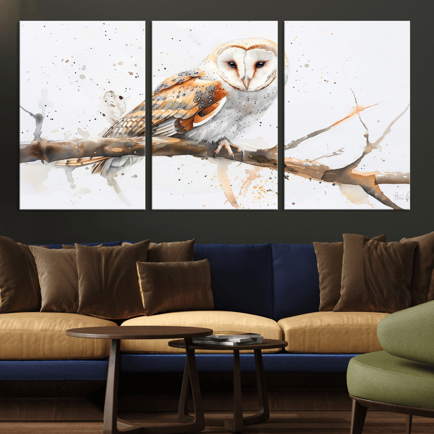MGV-CV-60X30-3P - Barn Owl Wall Art on Branch | Stunning Canvas Print for Nature Lovers | Ready to Hang and Framed