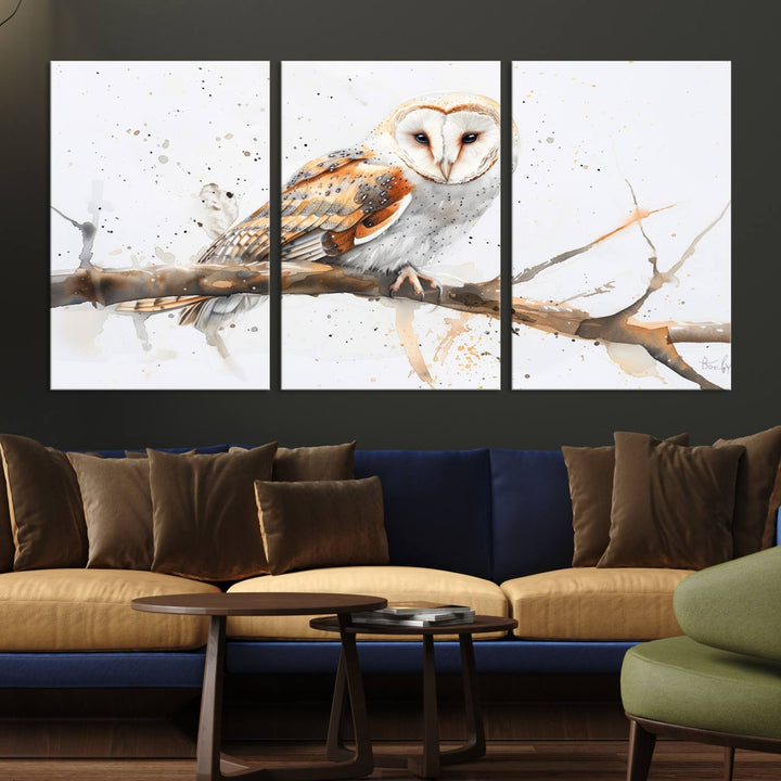 Introduce the tranquility of nature into your home with this stunning canvas print, featuring a Barn Owl on a branch. This triptych wall art, ready to hang and elegantly framed, is perfect for nature lovers seeking serene decor pieces.