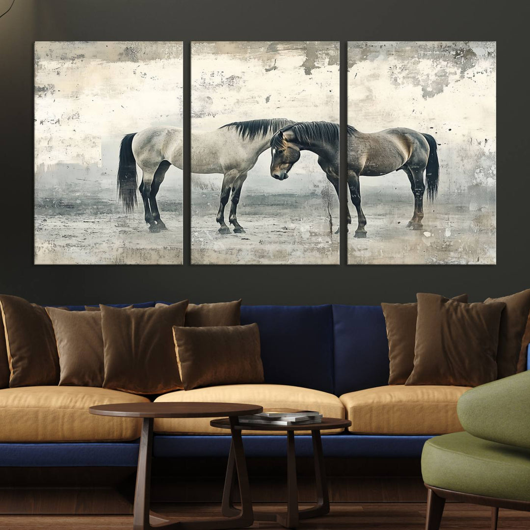 The Chinese Style Majestic Horses Wall Art, a framed triptych print featuring two horses touching noses, is elegantly displayed.