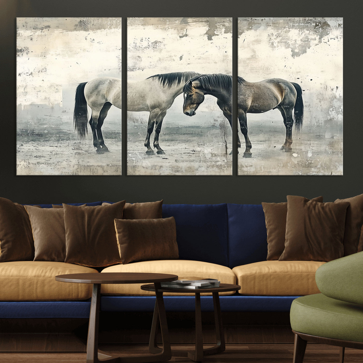 MGV-CV-60X30-3P - Chines Style Majestic Horses Wall Art | Ready to Hang and Framed Triptych Print | Western Farmhouse