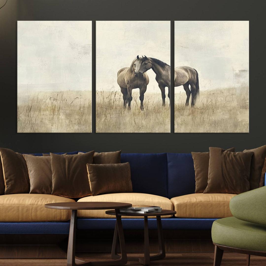 The Chinese Style Grunge Horses Wall Art Canvas Print, featuring a three-panel design of two horses in a misty field, is crafted on museum-quality canvas using high-resolution printing and hangs elegantly.