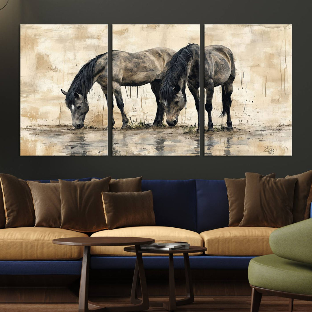 Chines Ink Style Black Horses Wall Art Canvas Print features a triptych painting of two horses drinking at the water's edge.