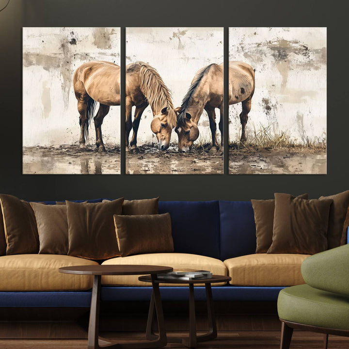 The Vintage Horses Wall Art, a ready-to-hang and framed triptych, beautifully captures two horses gracefully grazing. It perfectly complements the rustic charm of western farmhouse wall decor.