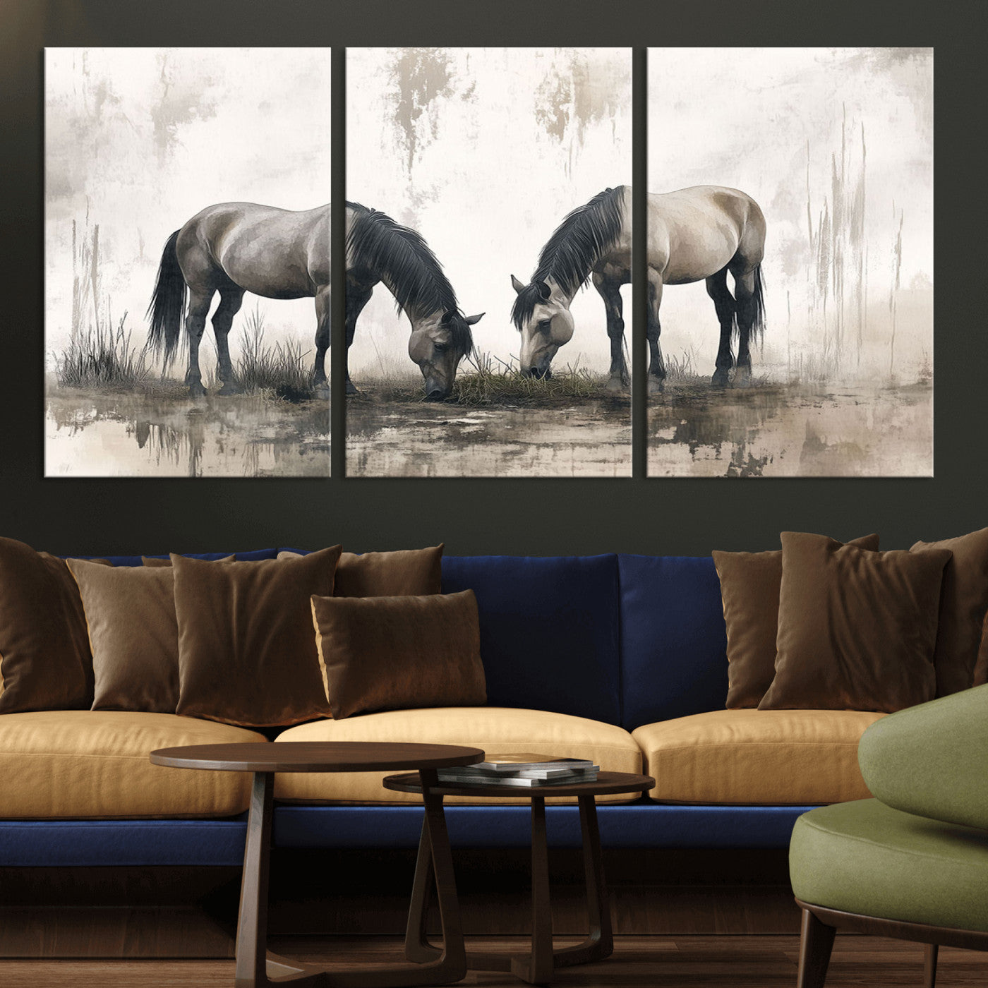 35494-MGV-CV-36X24-Chines Ink Style Vintage Horses Wall Art Canvas Print for Farmhouse Wall Decor