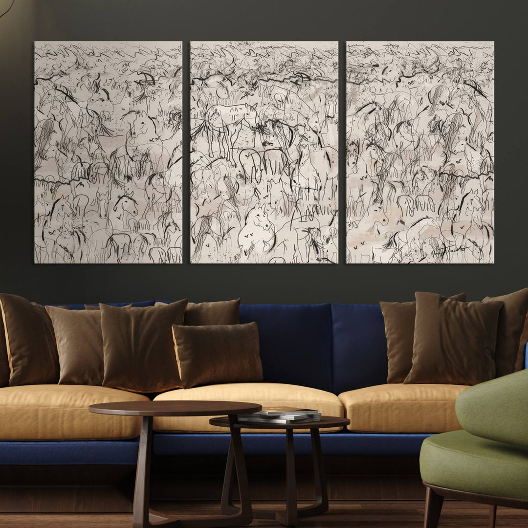 The "Abstract Horse Sketch Wall Art," a striking black and white triptych framed and ready to hang, enhances a dark wall. This piece is ideal for fans of abstract equestrian art or anyone looking to add farmhouse charm to their decor.