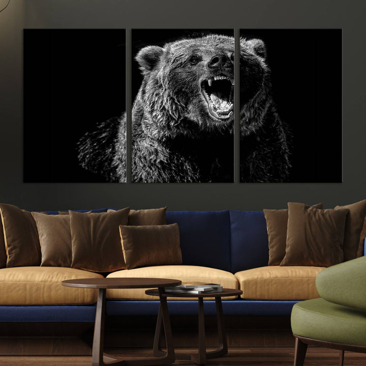 A striking Bear Canvas Print, perfect for cabin decor and ready to hang, is displayed in the modern living room, adding a touch of wildlife art to the sleek design.