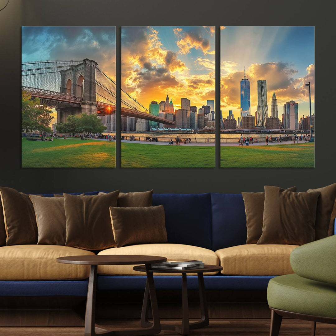 The "Brooklyn Bridge New York Skyline Wall Art" is a ready-to-hang framed canvas print that beautifully captures the cityscape at sunset, showcasing the iconic Brooklyn Bridge and majestic skyscrapers.