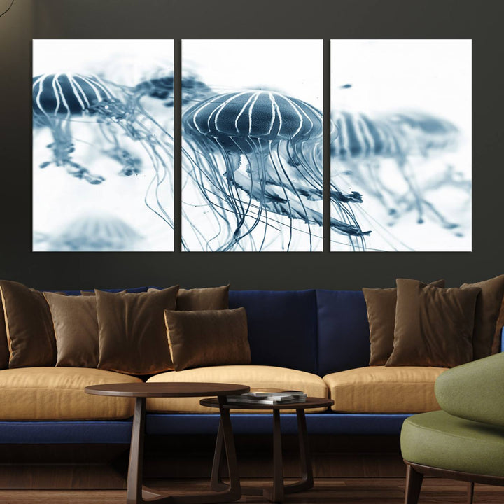 The Abstract Jellyfish Wall Art Canvas Print, a three-panel piece featuring high-resolution printing, hangs elegantly in the room, adding vibrant detail to the space.