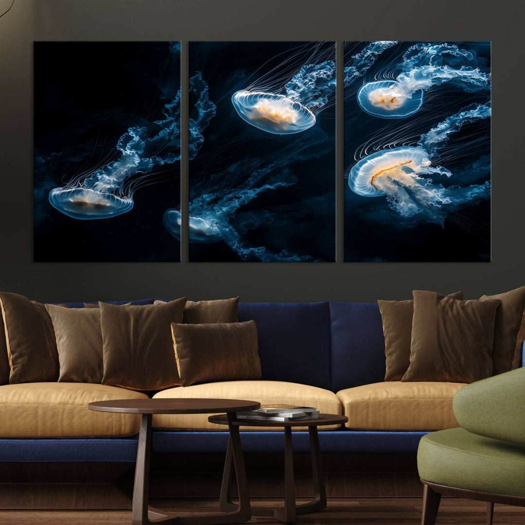 The "Jellyfish Wall Art Canvas Print," featuring a sea-themed design of glowing jellyfish, is displayed in high-resolution on museum-quality canvas.