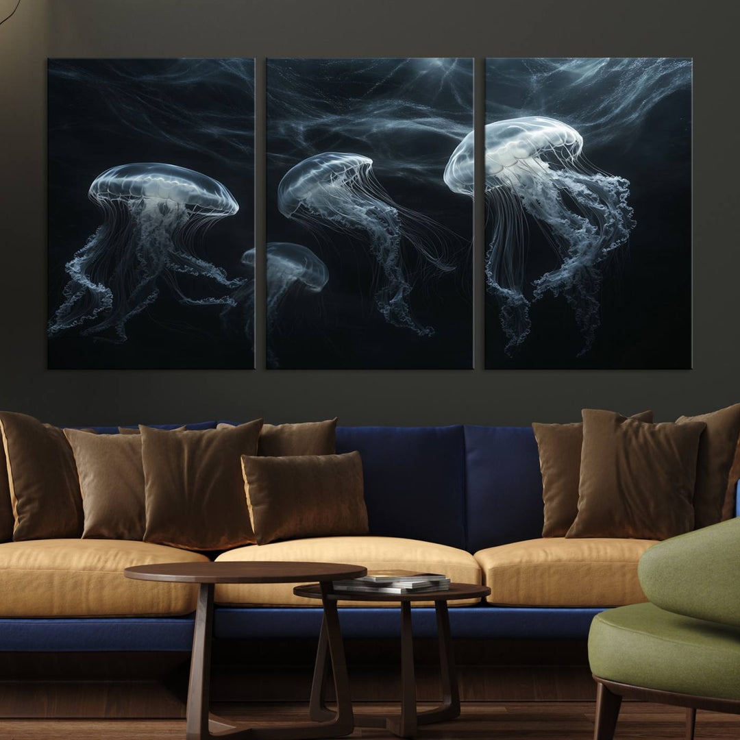 The Jellyfish Wall Art Canvas Print features glowing jellyfish in vibrant colors on museum-quality canvas.