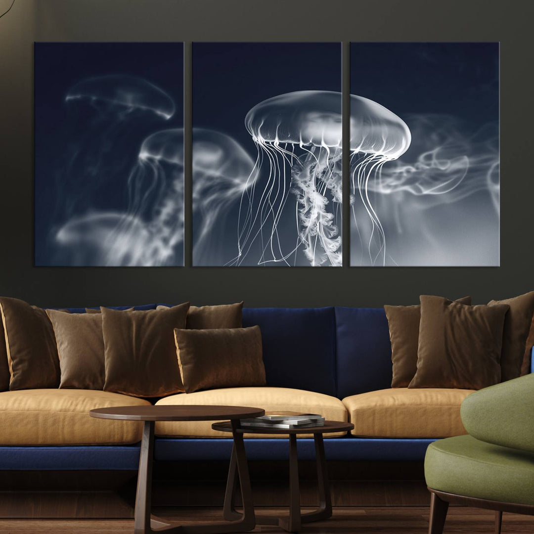 A stunning Jellyfish Wall Art Canvas Print showcases museum-quality canvas through high-resolution printing.