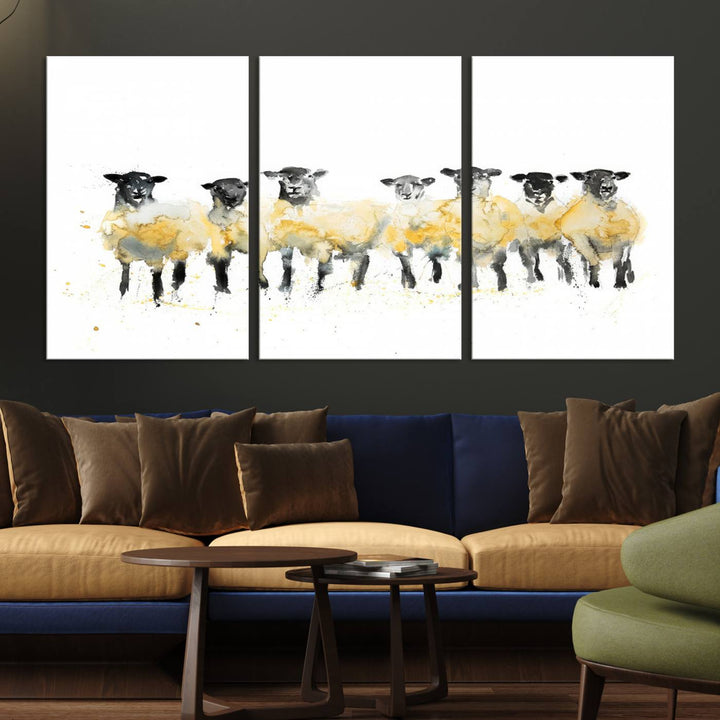 The Farmhouse Wall Art Sheep Print, ready to hang as a framed canvas, adorns the black wall, adding a hint of rustic barn decor.