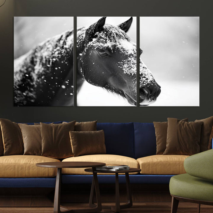 A set of Winter Horse Snow Wall Art Canvas Prints hangs, creating the perfect touch of Rustic Cabin Decor.