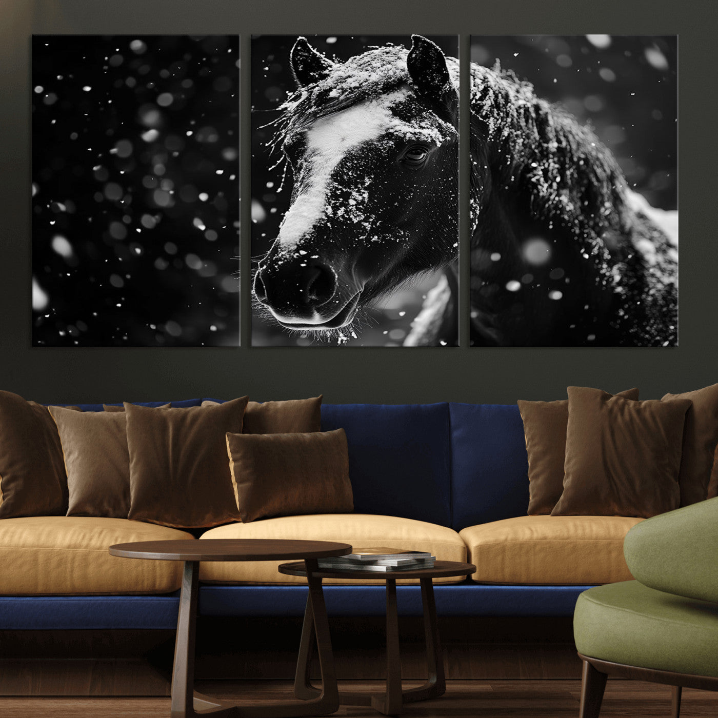 MGV-CV-60X30-3P - Winter Horse Wall Art | Black and White Horse Print | Ready to Hang and Framed | Farmhouse Wall Art