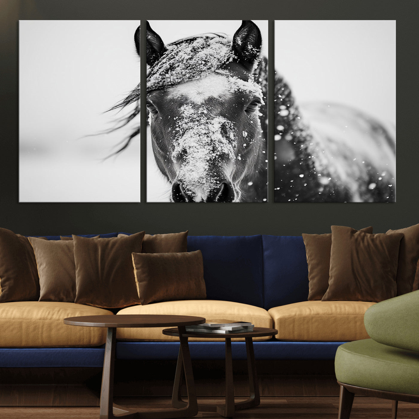 MGV-CV-60X30-3P - Western Wall Art | Black and White Winter Horse Wall Art | Ready to Hang and Framed | Farmhouse and