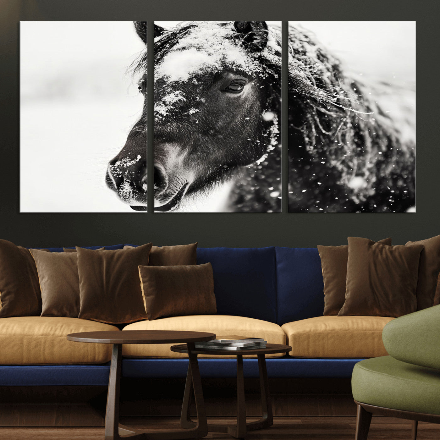 MGV-CV-60X30-3P - Framed Black and White Horse Wall Art | Ready to Hang and Framed | Farmhouse and Western Wall Decor