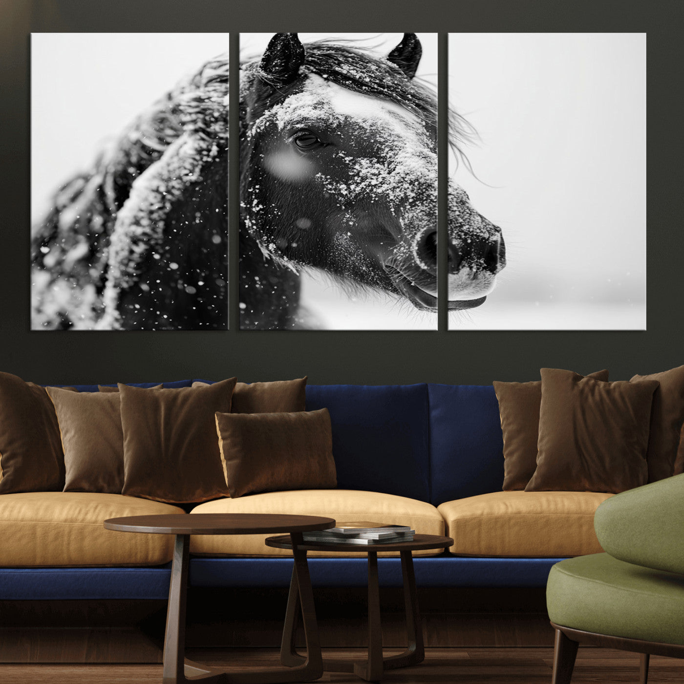 MGV-CV-60X30-3P - Winter Horse Canvas Print | Large 3-Panel Black White Equine Photography for Rustic Farmhouse Wall