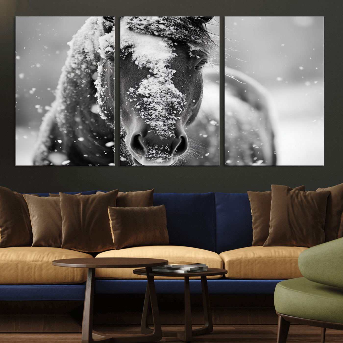 MGV-CV-60X30-3P - Black and White Horse Winter Wall Art | Ready to Hang and Framed | Farmhouse Wall Decor | Western