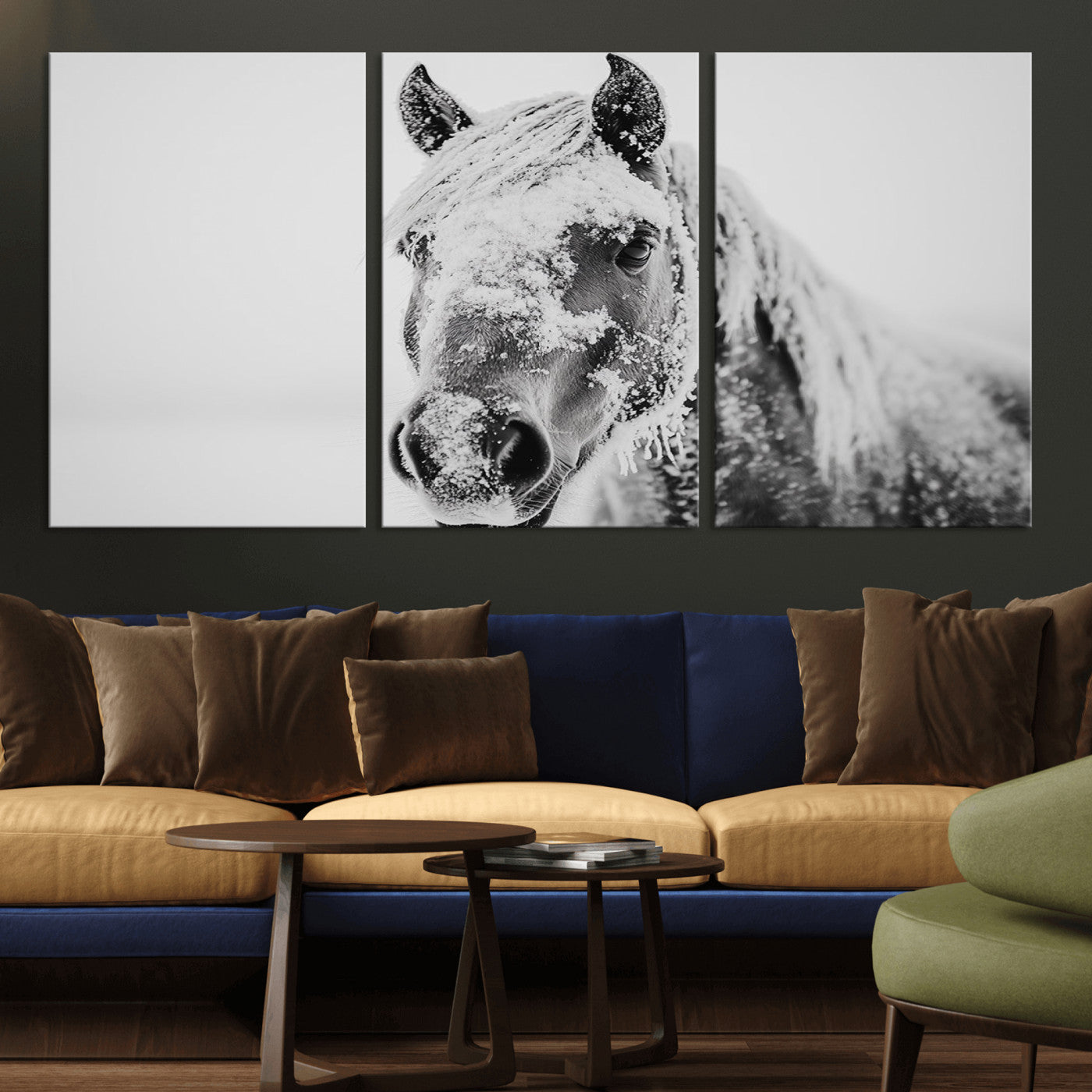 MGV-CV-60X30-3P - White Horse Wall Art | Ready to Hang and Framed | Winter Horse Wall Art Print for Farmhouse and