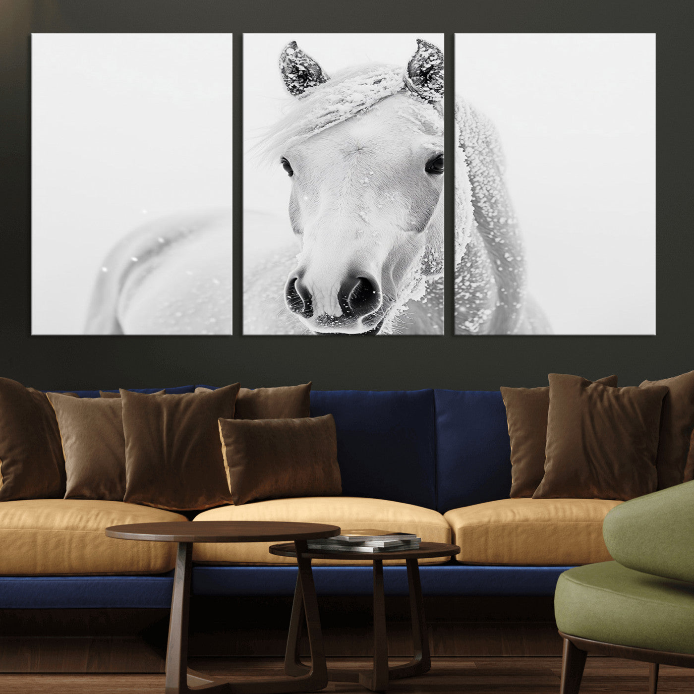 MGV-CV-60X30-3P - Majestic White Horse Wall Art | Ready to Hang and Framed | Farmhouse Wall Decor for Living Room