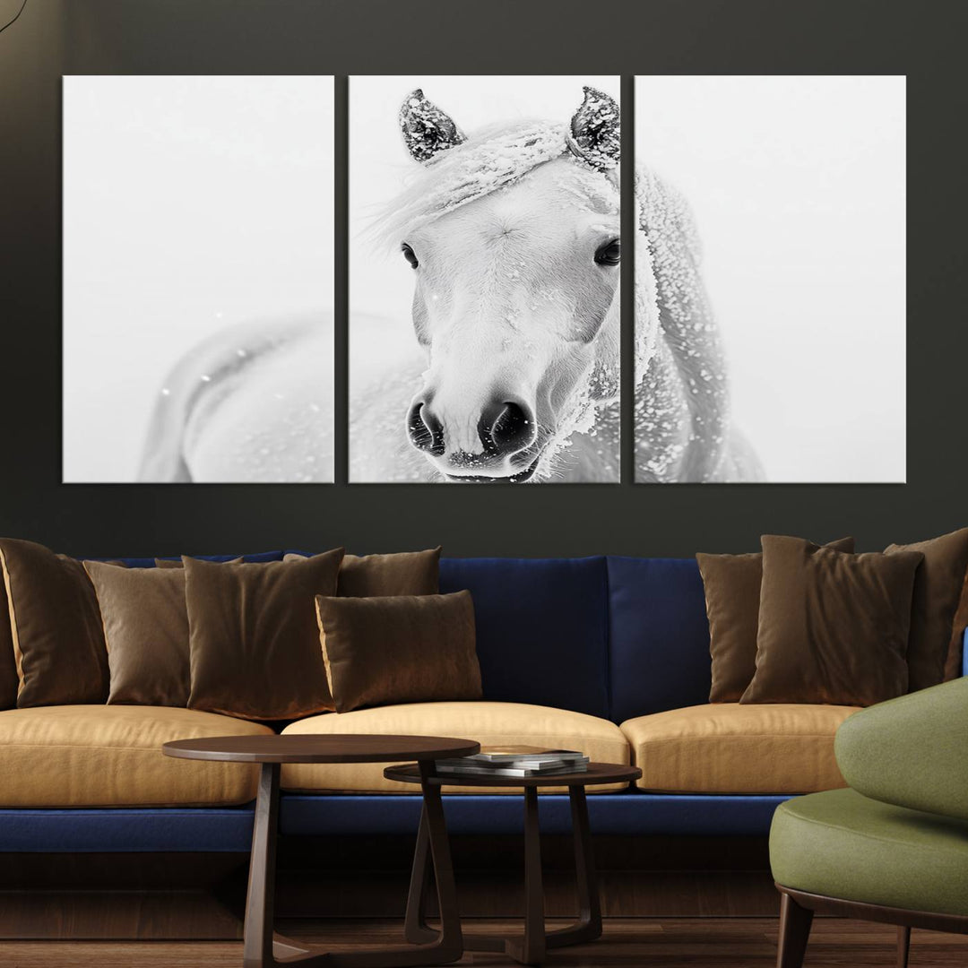 The dining room features the Majestic White Horse Wall Art, adding to its rustic charm.