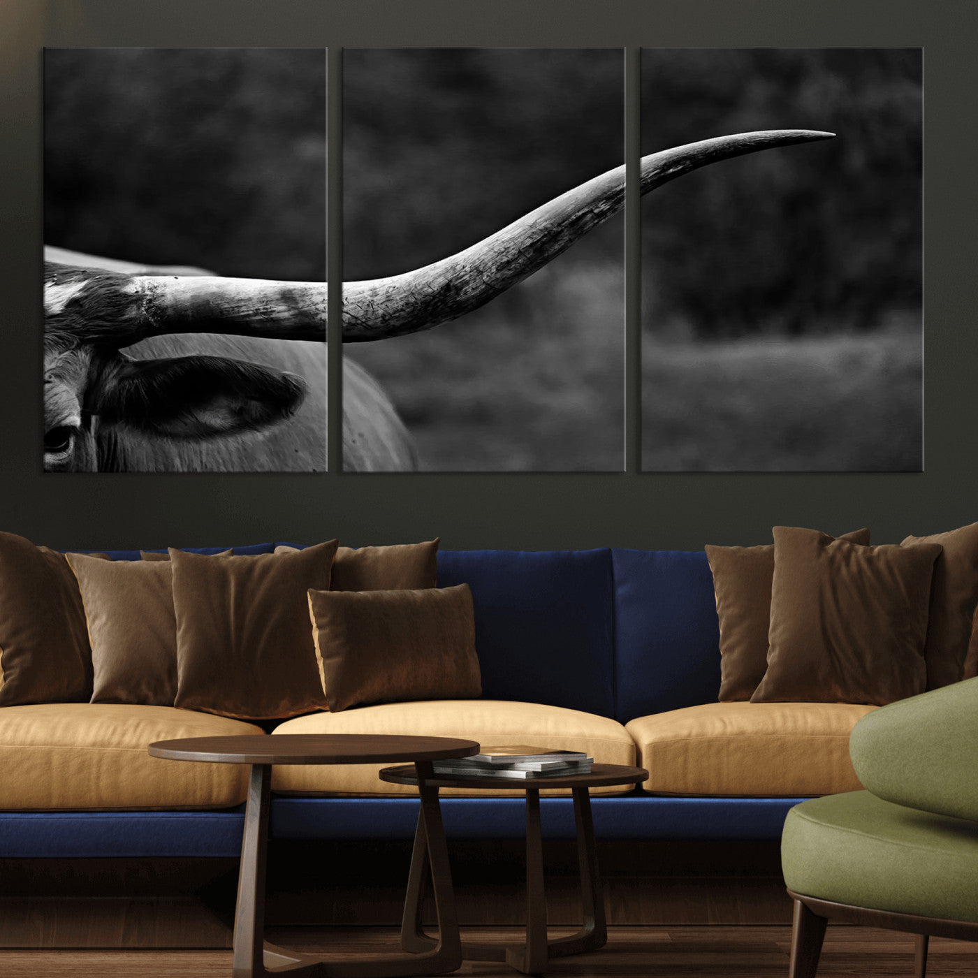 MGV-CV-60X30-3P - Cow Longhorn Wall Art | Black and White Print | Ready to Hang and Framed | Farmhouse Wall Decor |