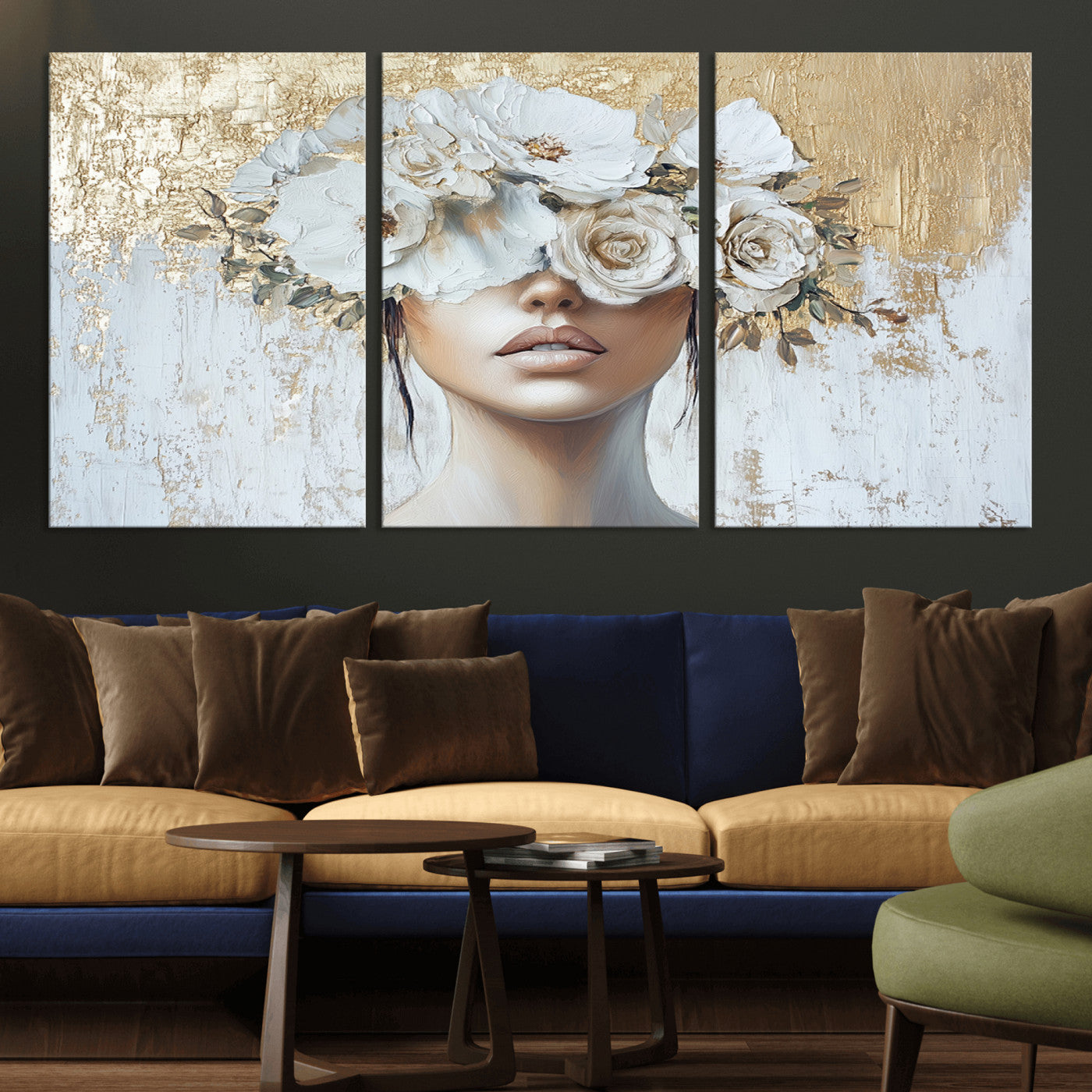 MGV-CV-60X30-3P - Golden Petal Wall Art - Canvas Print Flower Head Woman Painting Floral Woman Portrait Wall Decor,