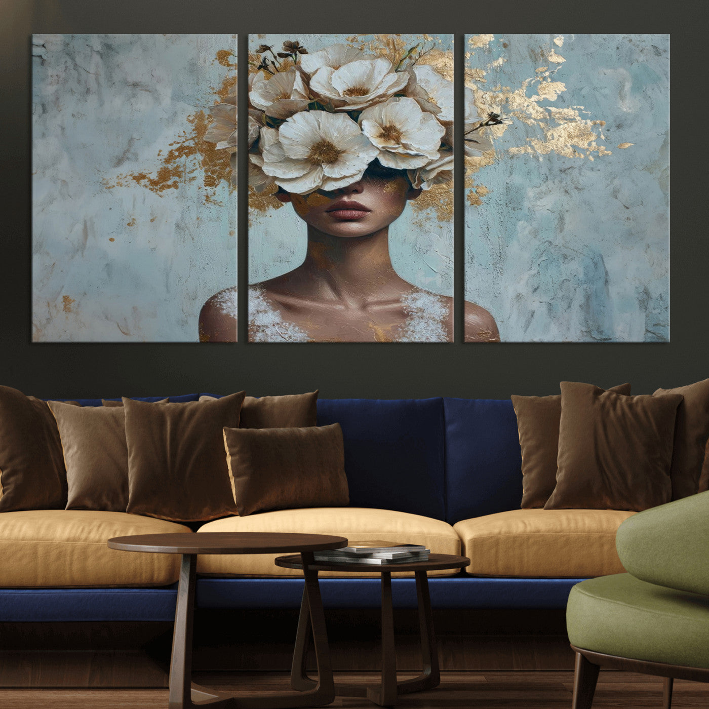 MGV-CV-60X30-3P - Golden Petal Wall Art - Petal Silhouette Woman Wall Art Canvas Print | Large 3-Panel Canvas with
