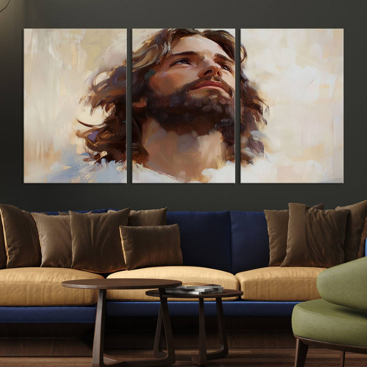 The "Jesus Christ Portrait Wall Art," a ready-to-hang and framed canvas print, features a bearded man with long hair looking upward, creating an inspirational spiritual atmosphere.