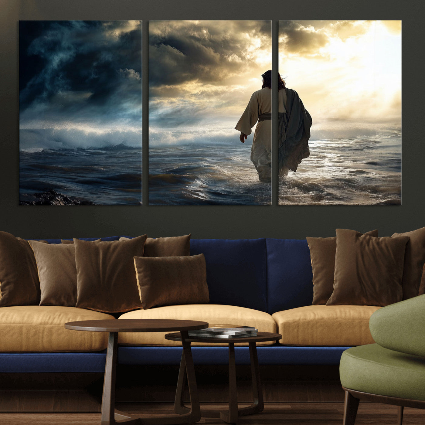MGV-CV-60X30-3P - Jesus Walking on Water Wall Art | Canvas Print | Ready to Hang | Christian Home Decor | Spiritual