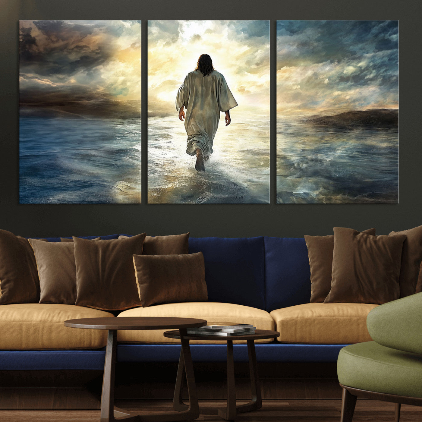 MGV-CV-60X30-3P - Jesus Walking on Water Wall Art | Canvas Print | Ready to Hang | Christian Home Decor | Spiritual