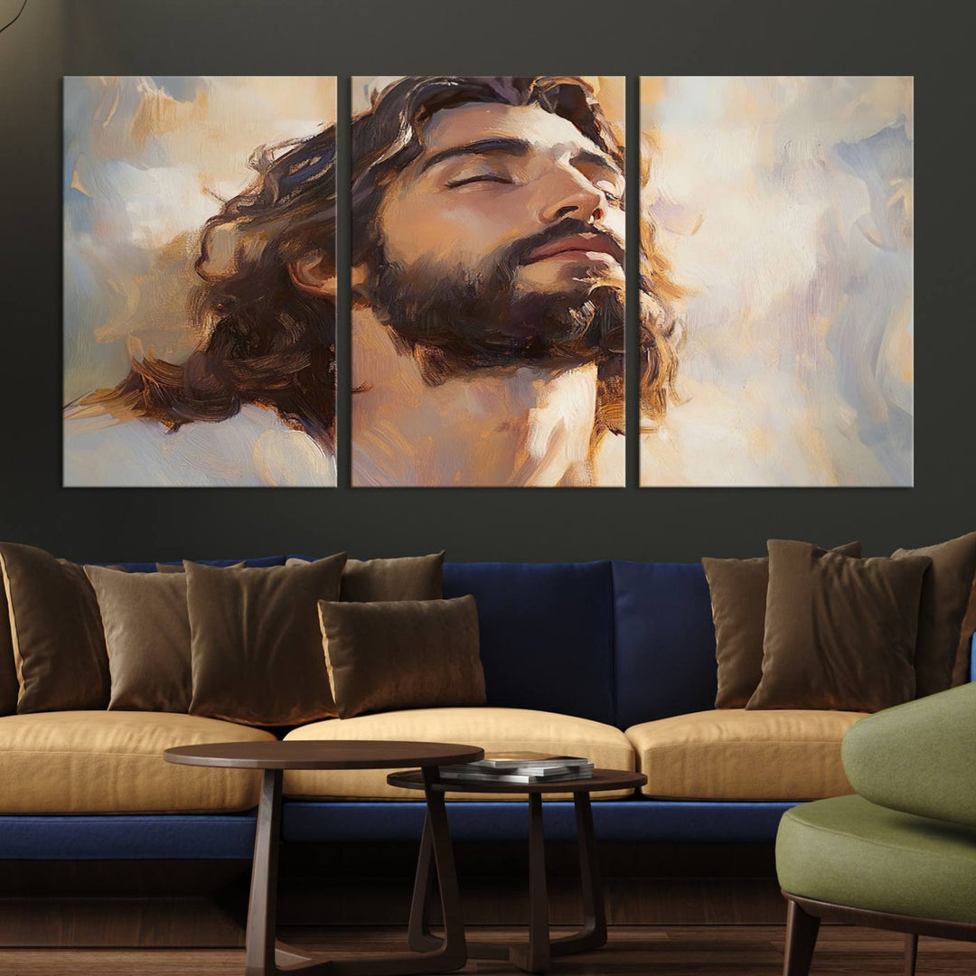 This museum-quality canvas print, titled "Jesus Portrait," features an oil painting style depiction of Jesus Christ with a closed-eyed expression. The high-resolution printing captures every detail beautifully.