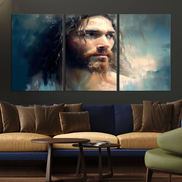 The Jesus Portrait Wall Art Canvas Print, featuring a depiction of a man with long hair and a beard, is showcased on a wooden wall. This Christian Wall Art is rendered on museum-quality canvas, highlighting the mastery of high-resolution printing in an oil painting style.