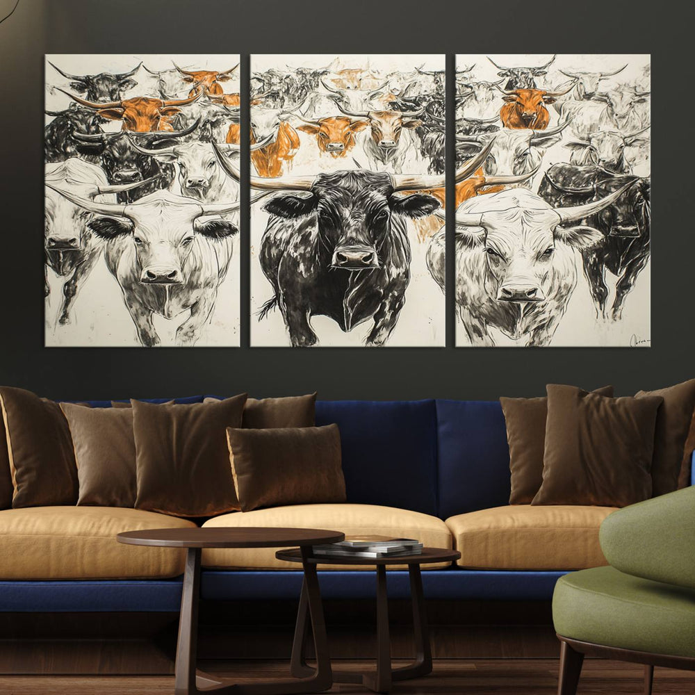 The Texas Longhorn Herd Canvas Print hangs on a white wall.