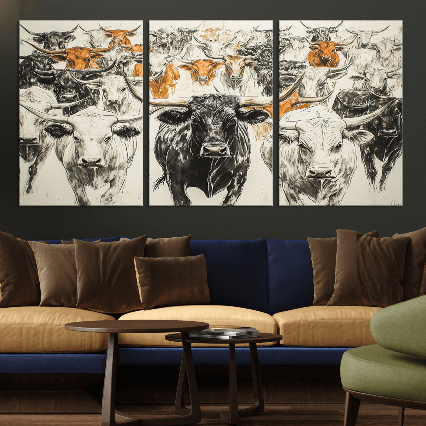 MGV-CV-60X30-3P - Farmhouse Wall Art | Western Longhorn Cattle Canvas Print | Ready to Hang and Framed Barn Decor