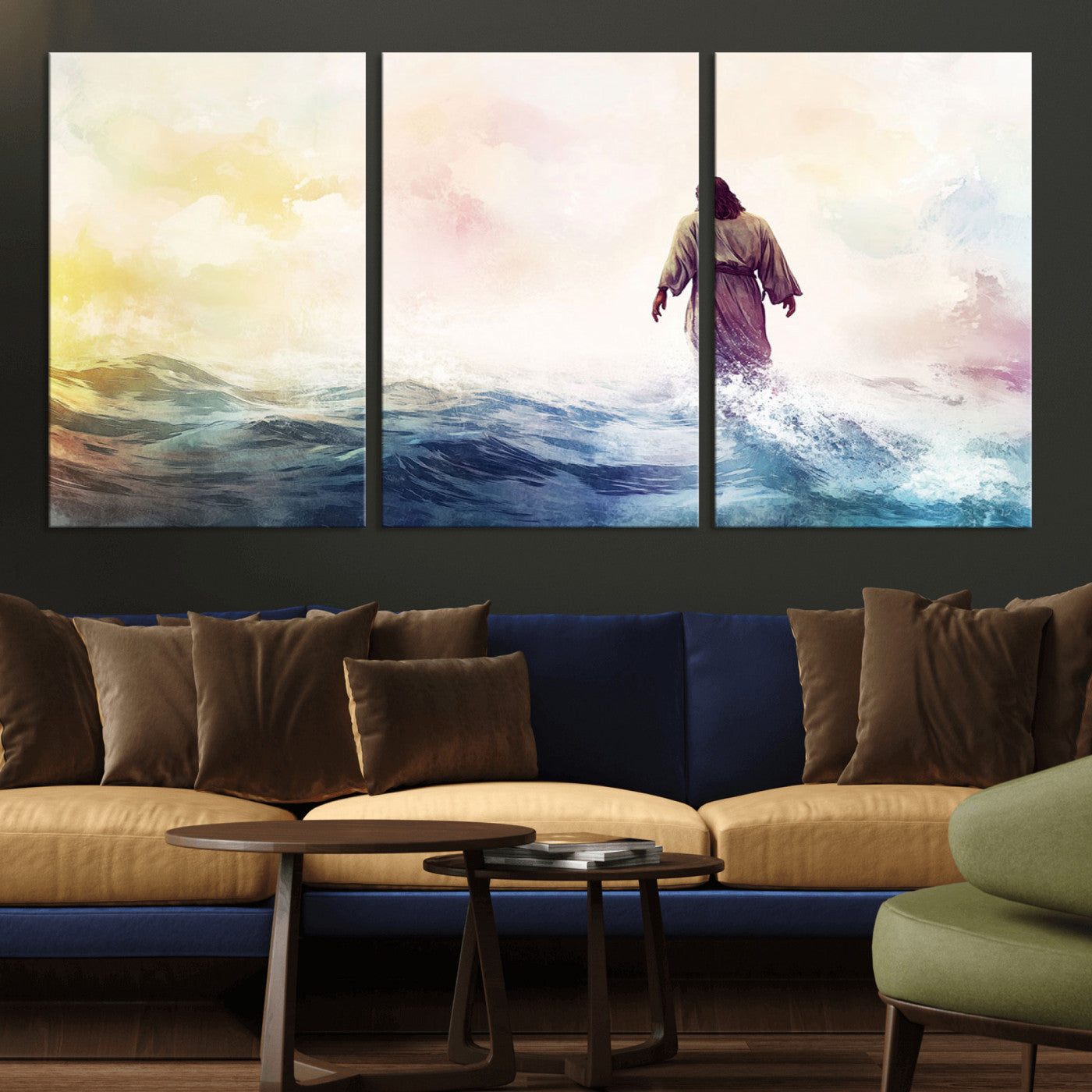 MGV-CV-60X30-3P - Watercolor Jesus Walking on Water Canvas Print, Christian Wall Art, Jesus Christ Walking