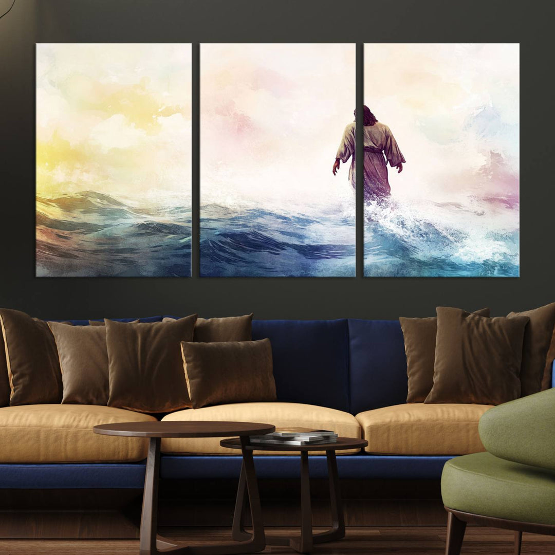 A robed figure strides on water in gentle waves, evoking the Watercolor Jesus Walking on Water canvas art.