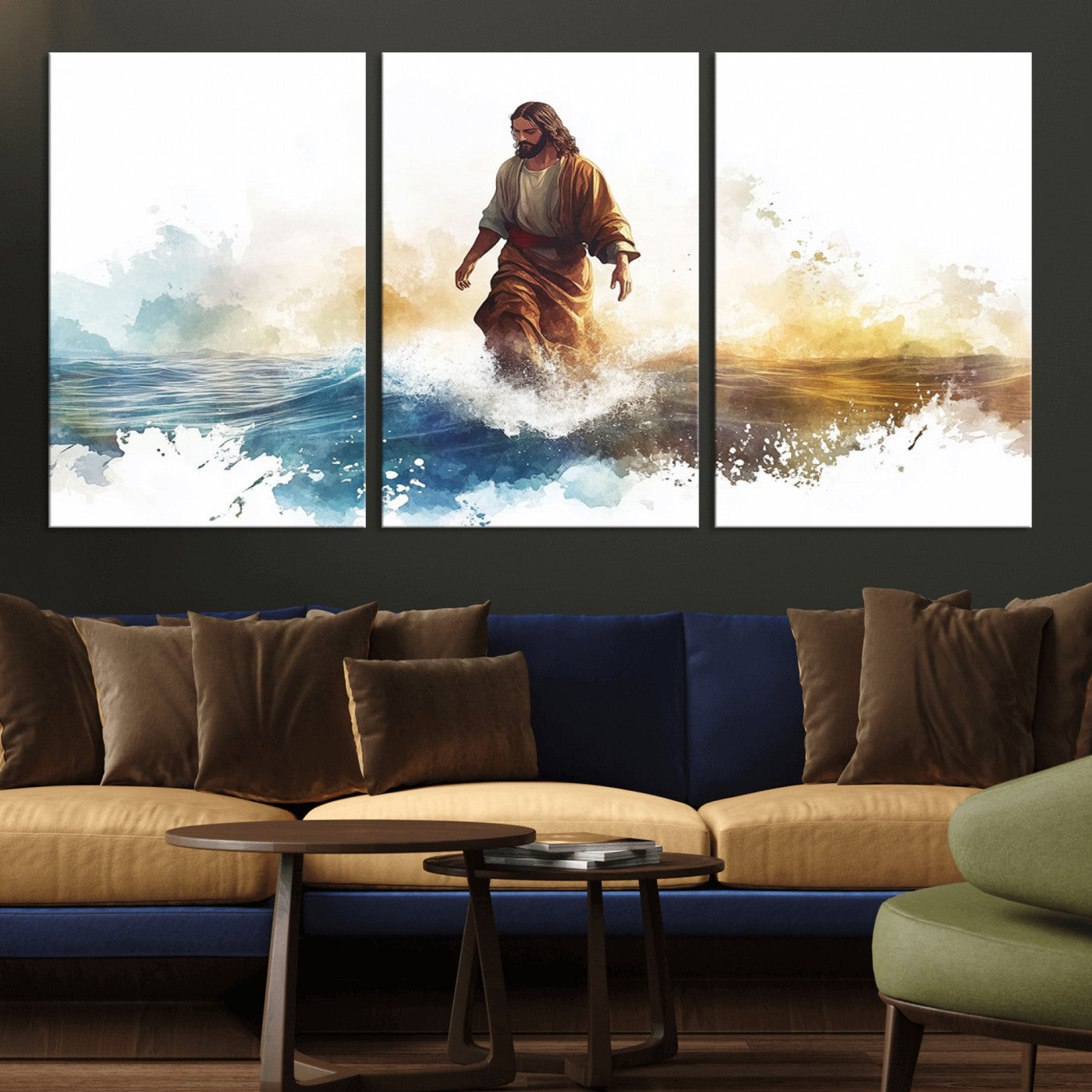 MGV-CV-60X30-3P - Watercolor Jesus Walking Wall Art Print, Jesus Water Canvas Print, Christian Wall Art, Jesus Christ