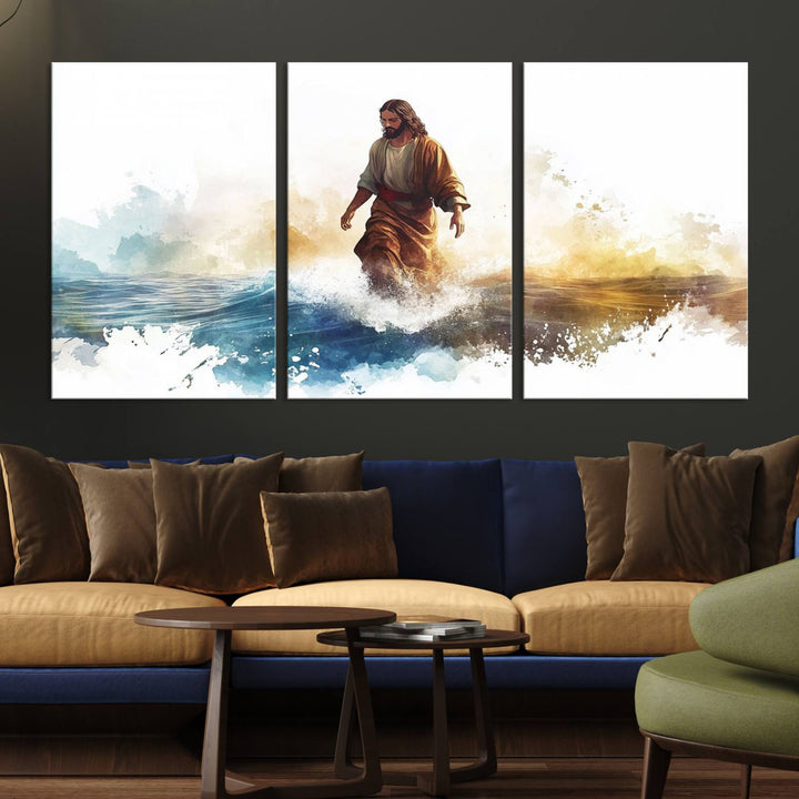 Watercolor Jesus Walking on Water Canvas Print, Christian Wall Art, Jesus Christ Walking