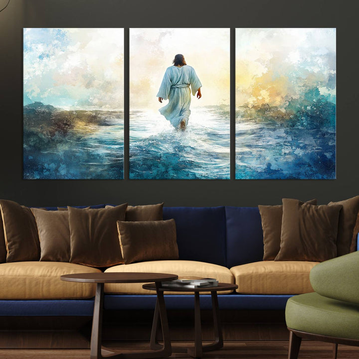 Watercolor Jesus Walking on Water Canvas Print, Christian Wall Art, Jesus Christ Walking