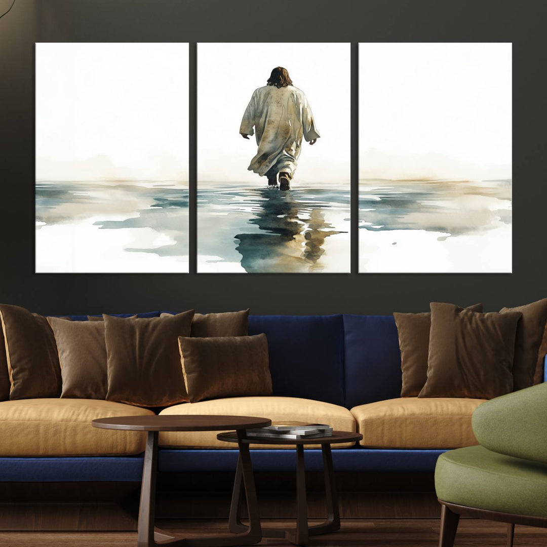 Watercolor Jesus Walking on Water Canvas Print, Christian Wall Art, Jesus Christ Walking 