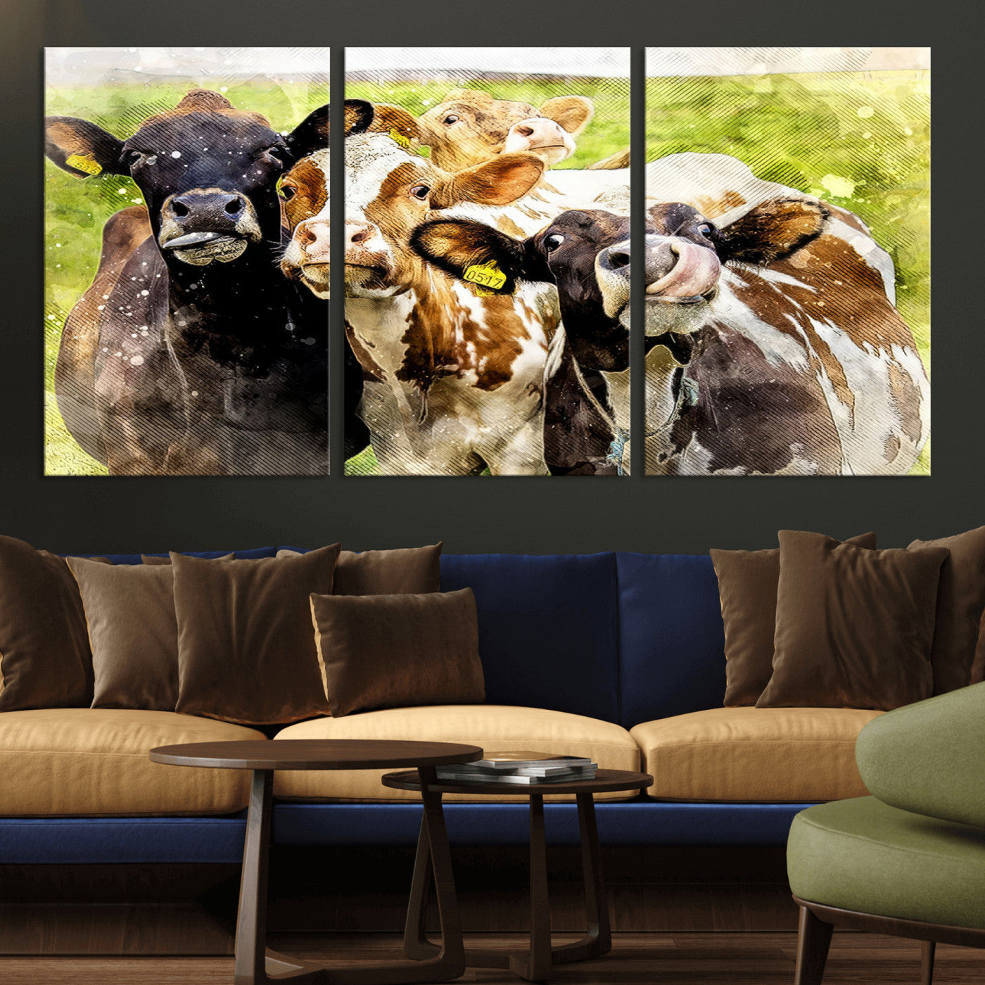 MGV-CV-60X30-3P - Curious Cows Farmhouse Wall Art | Ready to Hang and Framed Canvas Print | Rustic Farm Decor