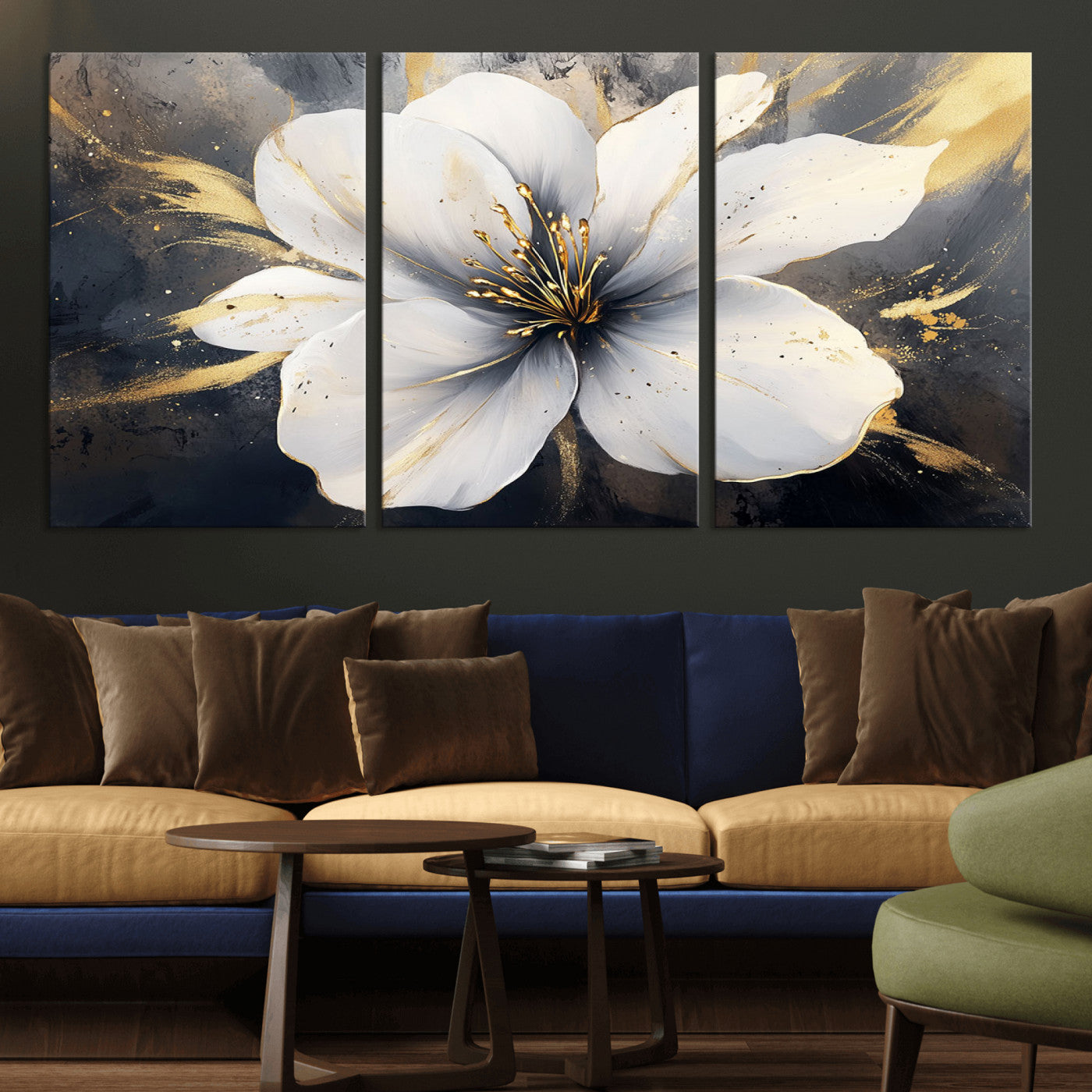 MGV-CV-60X30-3P - White Flower Wall Art Canvas Print | Ready to Hang | Abstract Floral Wall Decor | Elegant Bloom