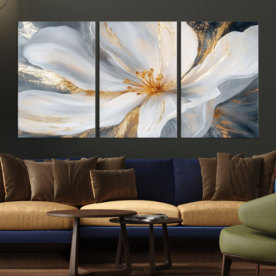 White and Gold Floral Canvas Wall Art - Framed and Ready to Hang - Perfect for Modern Living Rooms