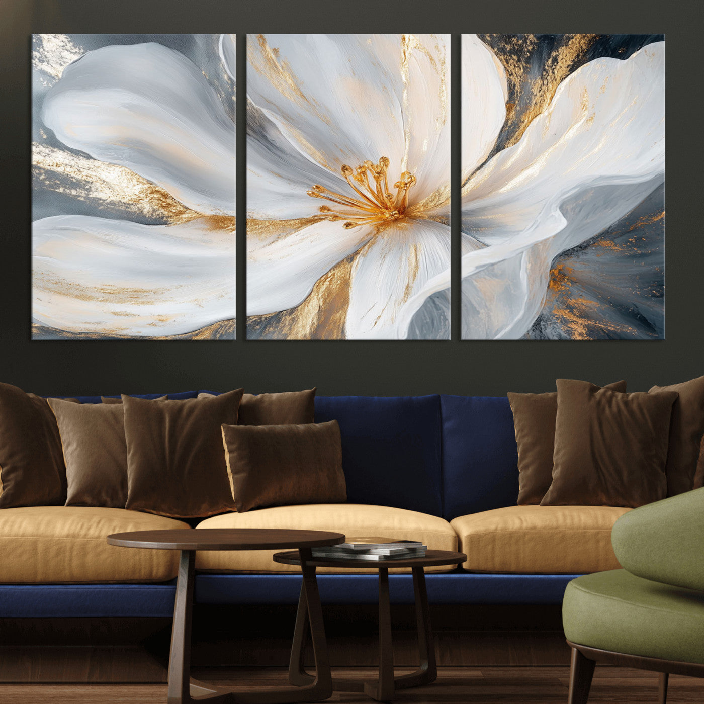 83149-MGV-CV-36X24-White and Gold Floral Canvas Wall Art - Framed and Ready to Hang - Perfect for Modern Living Rooms