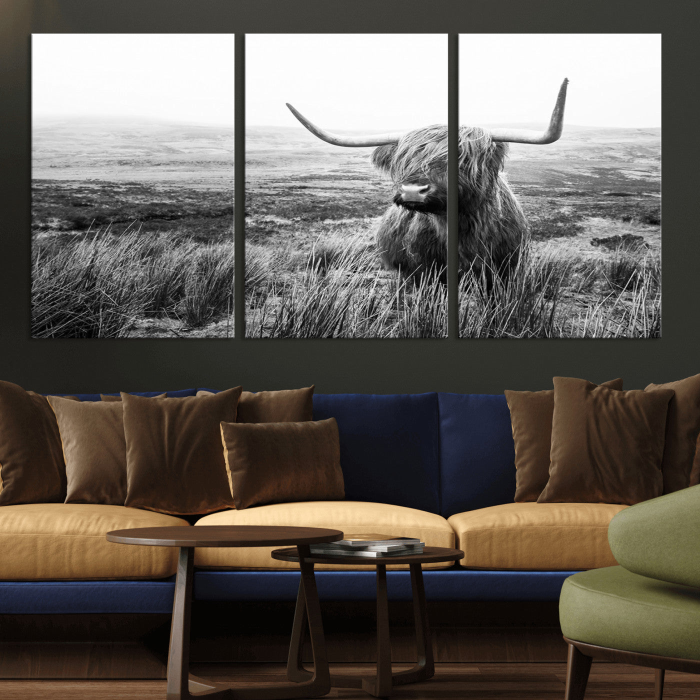 MGV-CV-60X30-3P - Scottish Highland Cow Wall Art | Black and White Canvas Print | Ready to Hang and Framed | Rustic