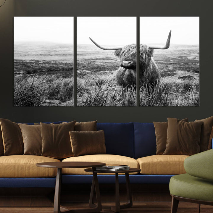 Scottish Highland Cow Wall Art | Black and White Canvas Print | Ready to Hang and Framed | Rustic Farmhouse Wall Decor for Living Room or Office